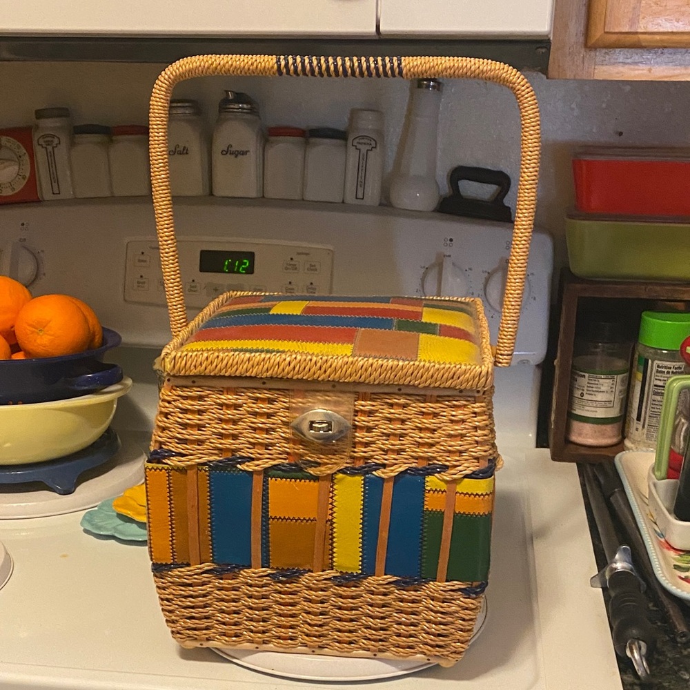 Vintage Eaton’s Woven Wicker Sewing Basket With Contents